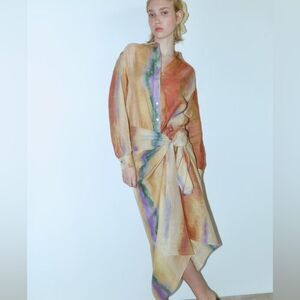 Zara 2 piece set of tie dye ramie shirt and wrap skirt